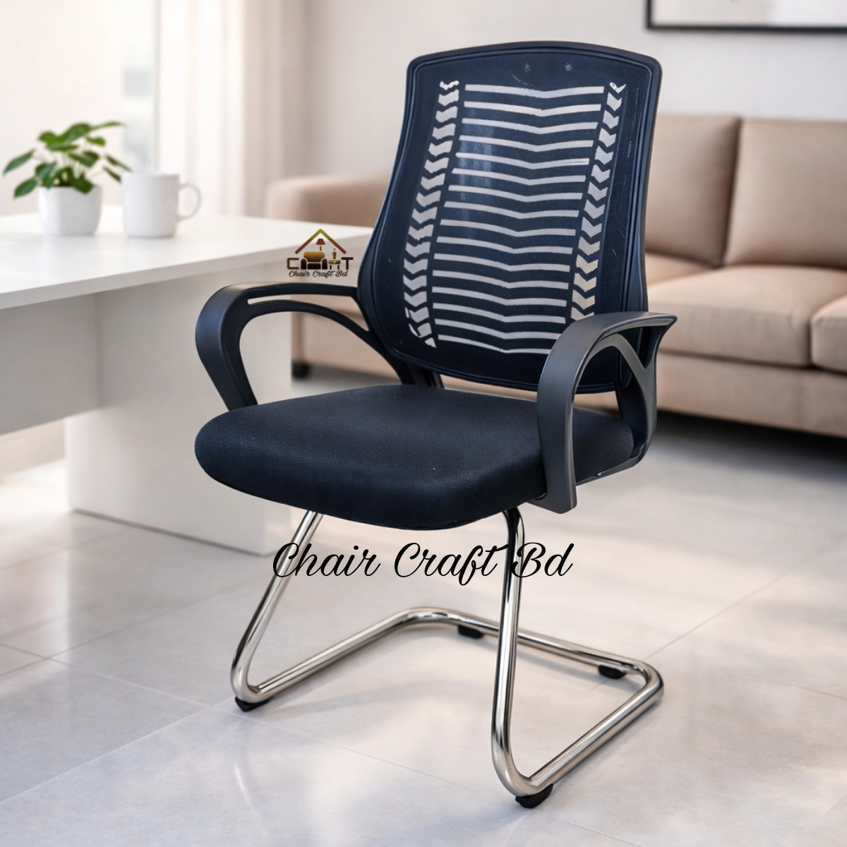 V model Fixed Visitor chair Full Black mesh CFT-VC-04
